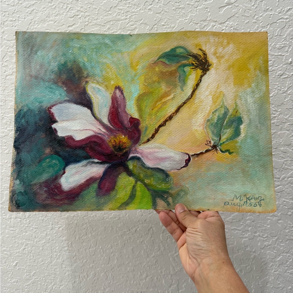 Original 1955 Painting on Textured Paper Floral Canvas Art 15x11 approx